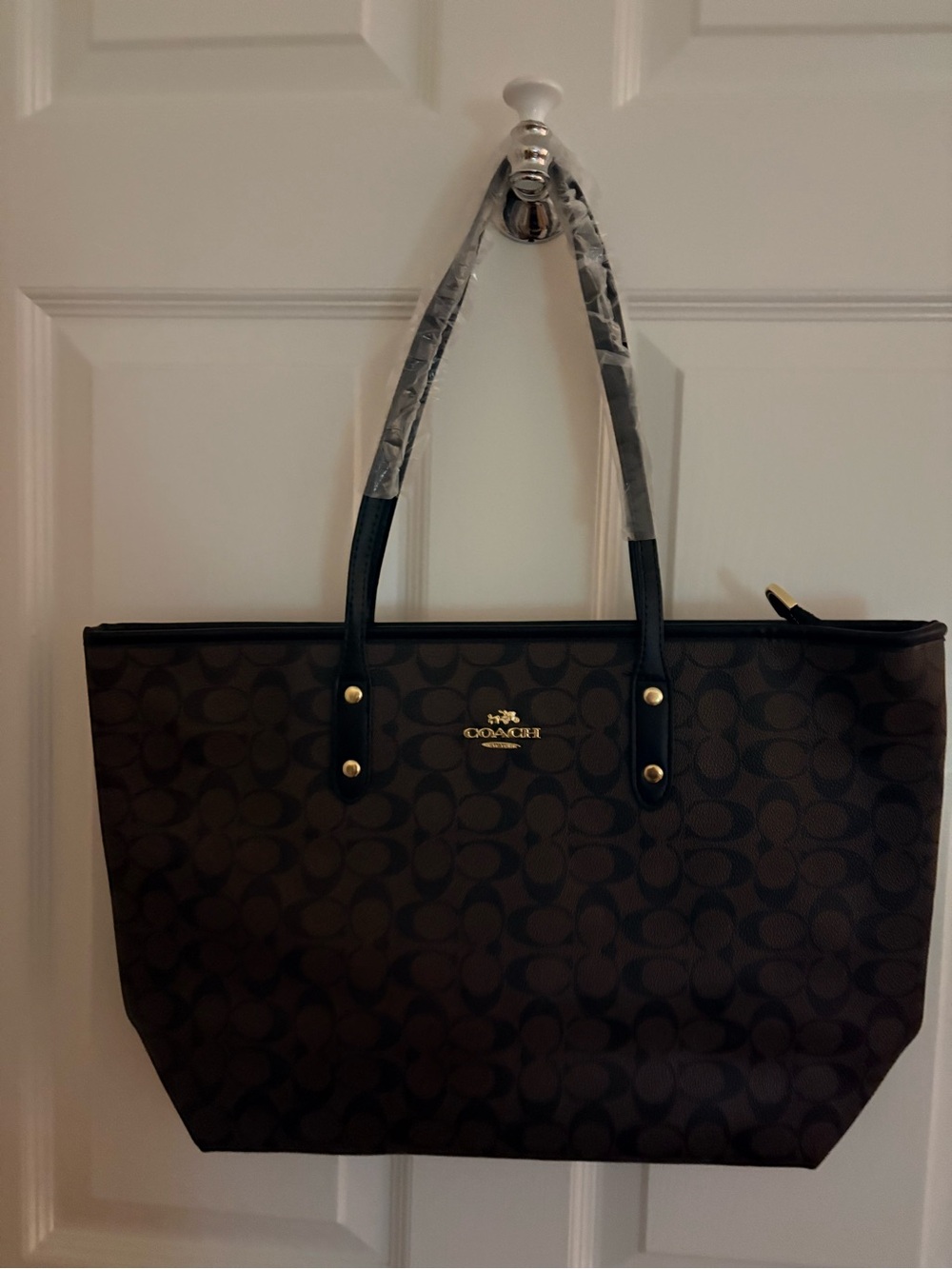 Coach Brown Signature Tote with Black Handles and Gold Hardware